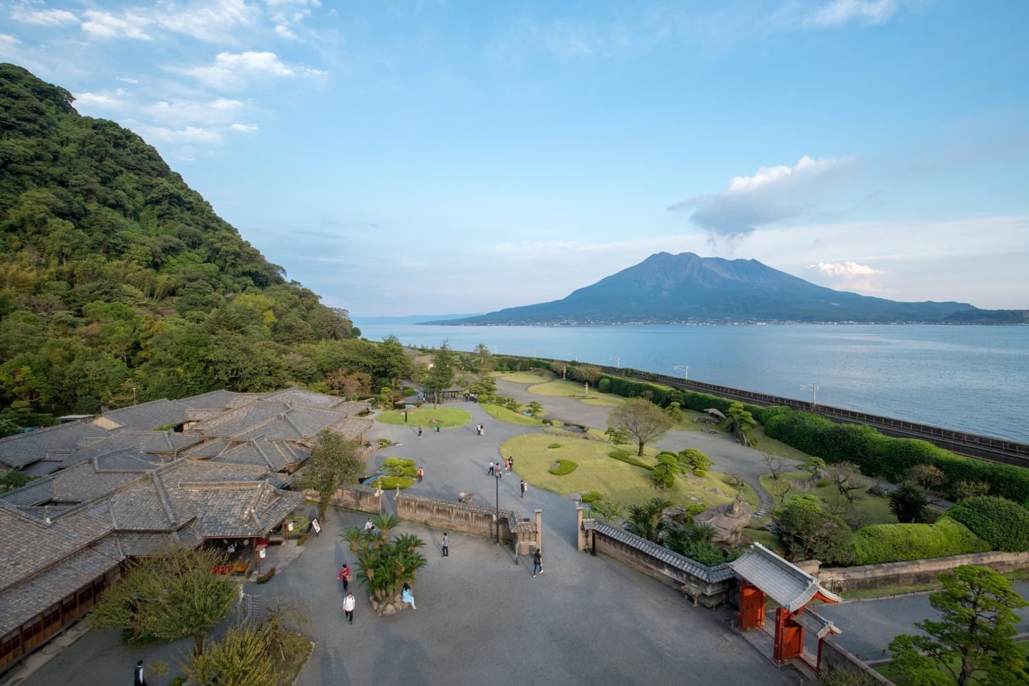 Sengan-en Garden with Sakurajima rising across the bay