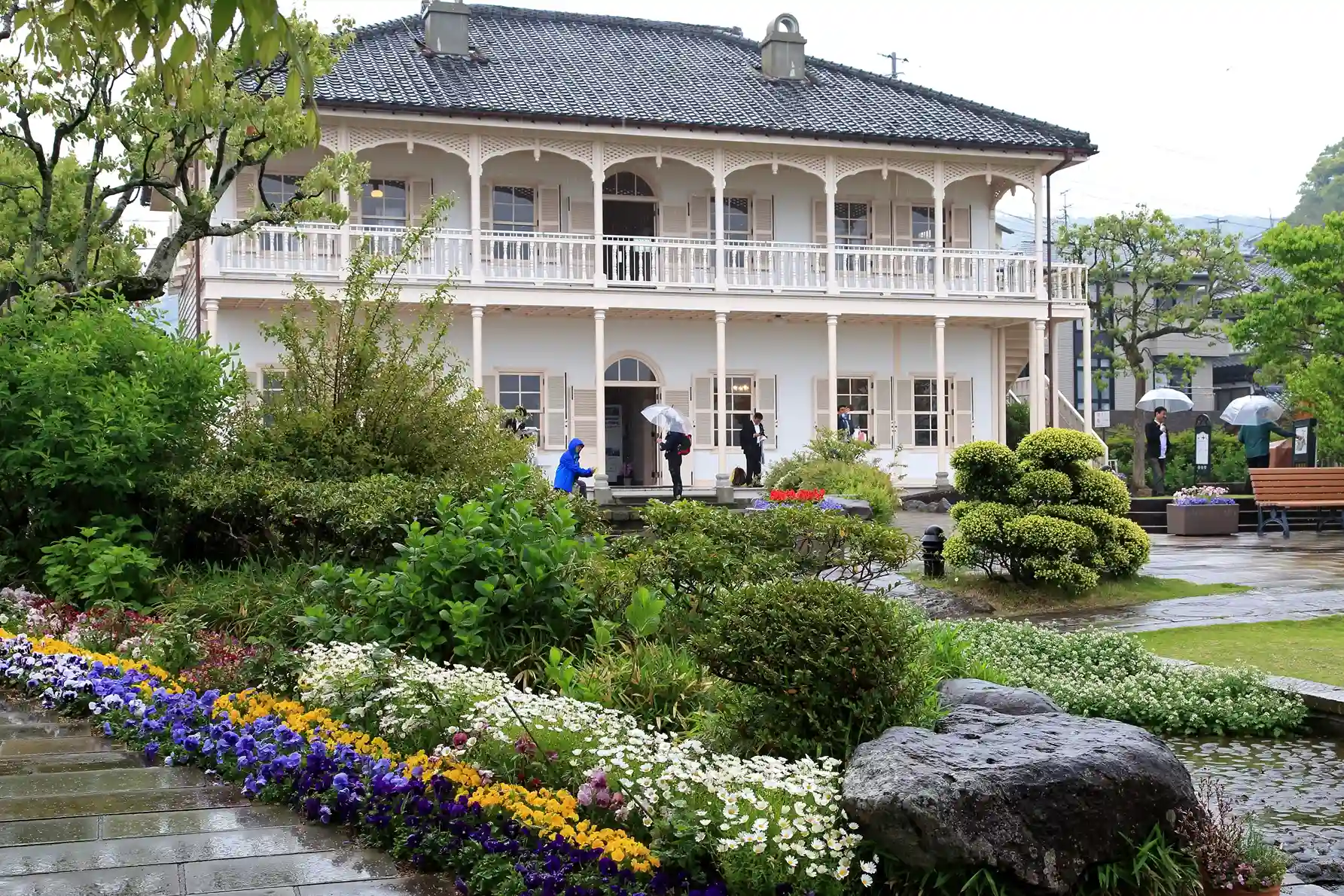 Former Mitsubishi No. 2 Dock House in Nagasaki, a historic Western-style building overlooking the ha