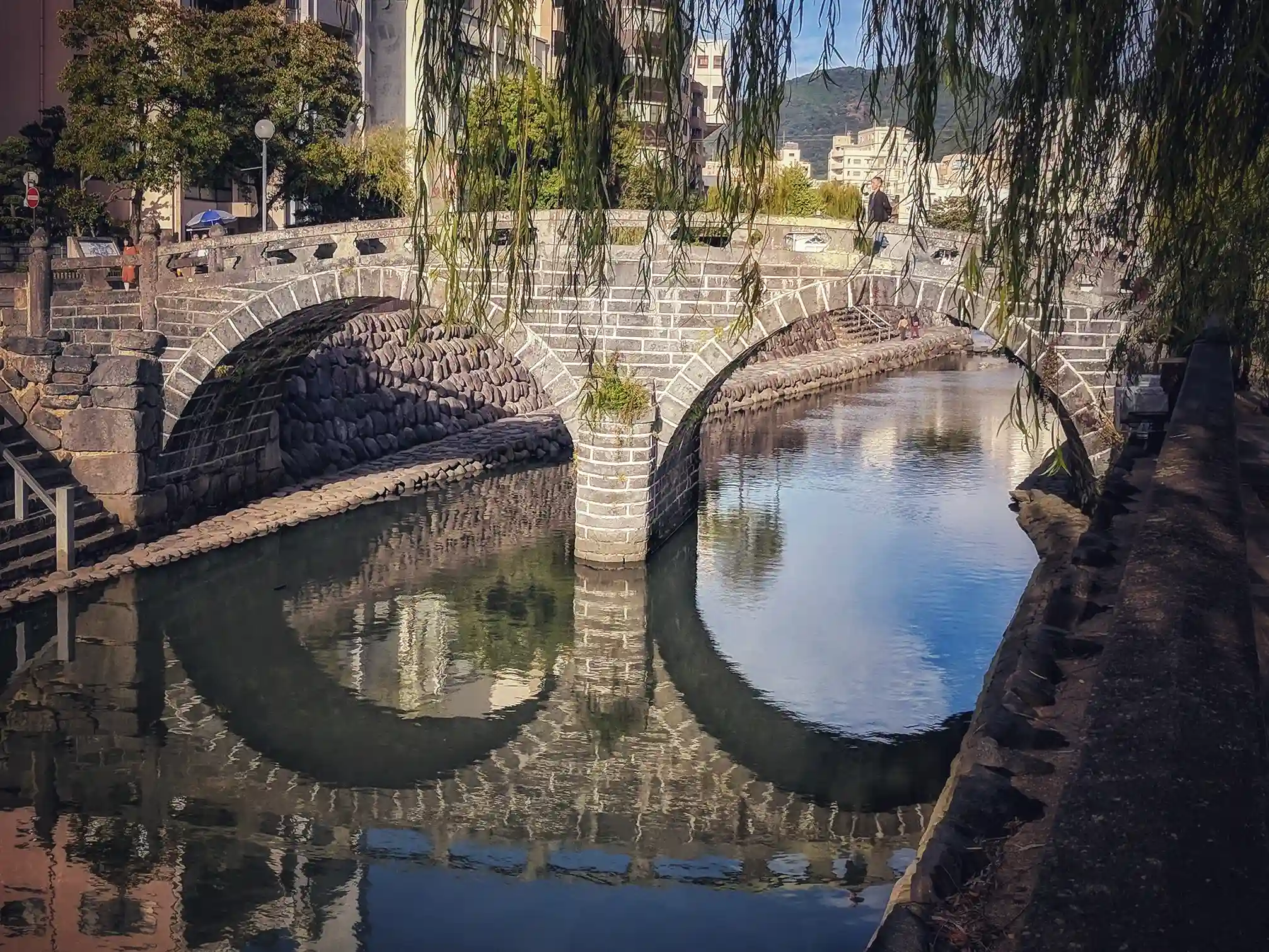 Megane Bridge in Nagasaki, a historic stone arch bridge built in the 17th century with strong Chines