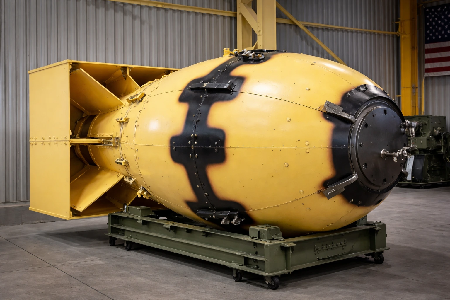 Replica of the “Fat Man” atomic bomb used in Nagasaki, displayed in a museum.