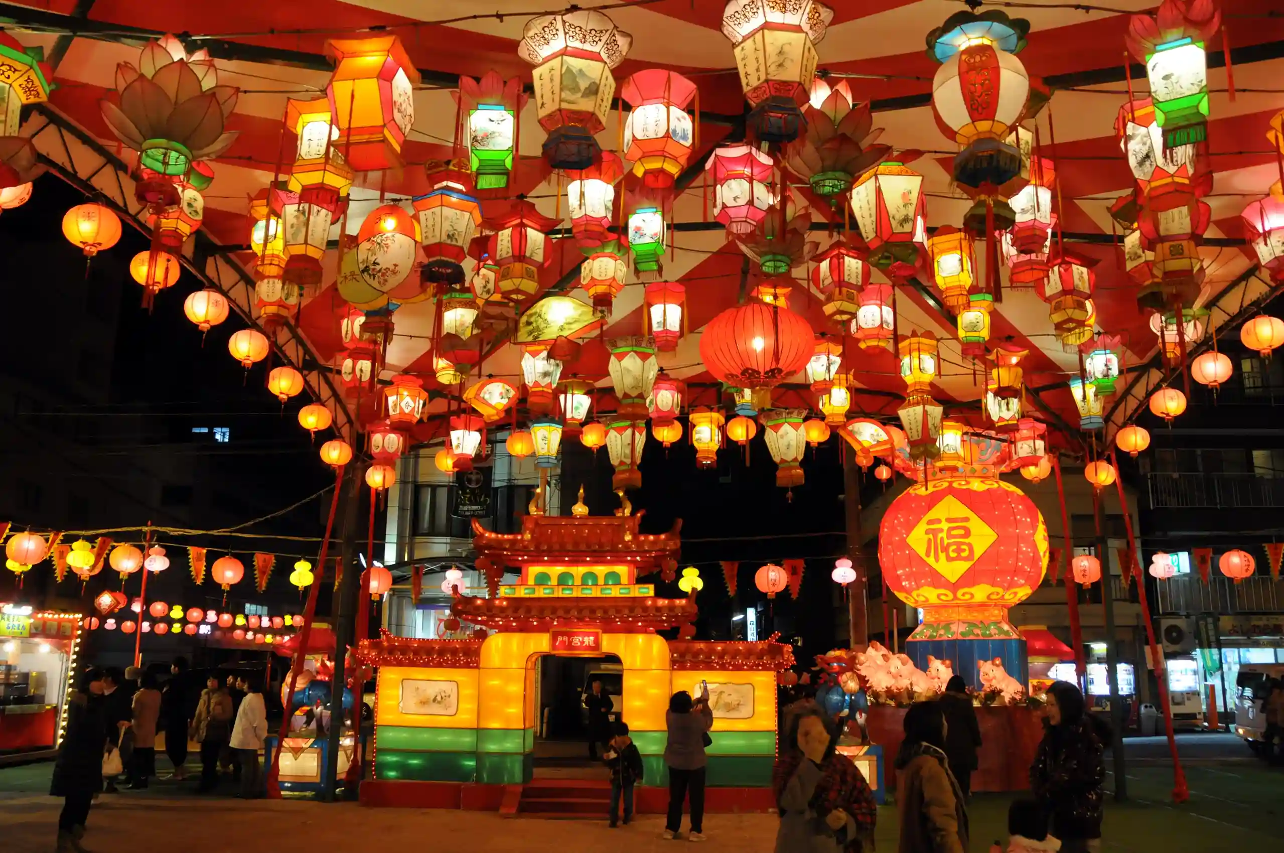 Crowds enjoying the illuminated venues of the Nagasaki Lantern Festival in central Nagasaki