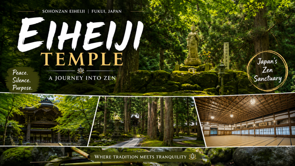 Eiheiji Temple in Fukui, Japan, surrounded by peaceful forests and traditional Zen architecture.