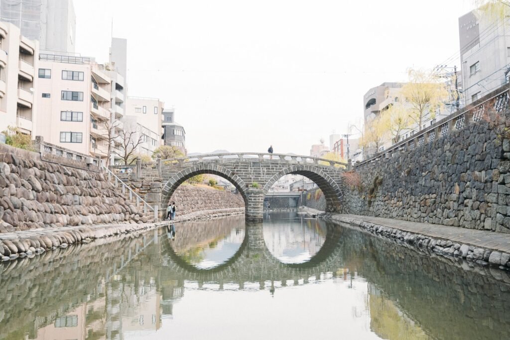 Megane Bridge reflected in the Nakashima River in Nagasaki, Japan