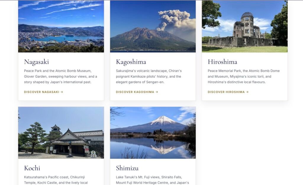 Private tours in Nagasaki, Kagoshima, Hiroshima, Kochi and Shimizu, featuring Japan’s top attractions including Mt. Fuji, Miyajima and historic landmarks.