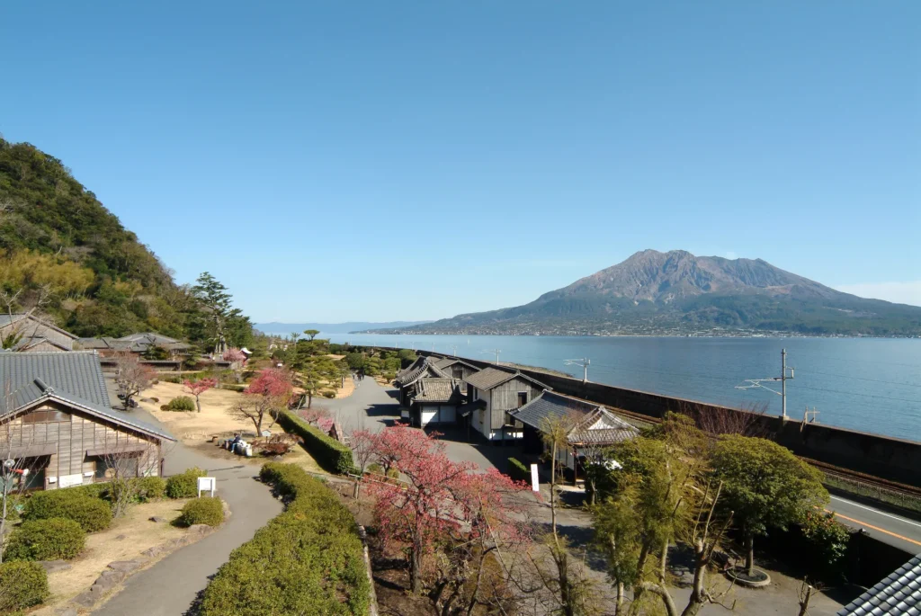 Sengan-en Garden in Kagoshima with Sakurajima across Kagoshima Bay
