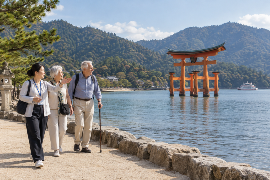An illustrative scene of a guide and senior travellers enjoying Miyajima's waterfront and Great Torii gate