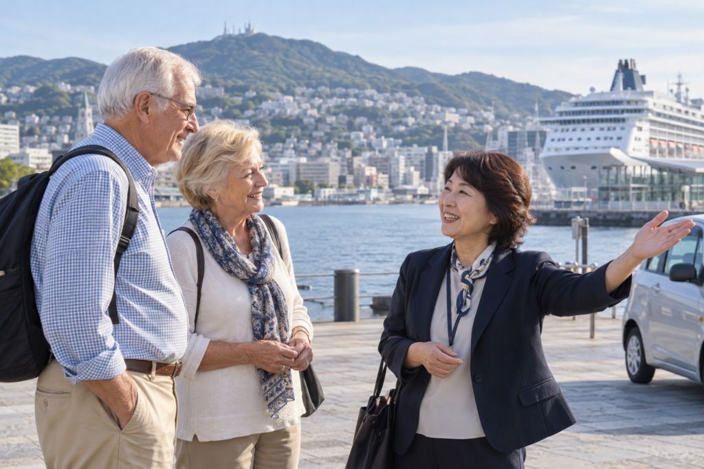 An illustrative scene of a local guide welcoming a senior couple by Nagasaki harbour