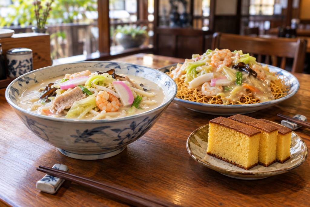 Nagasaki champon, sara udon, and castella presented as an inviting local meal